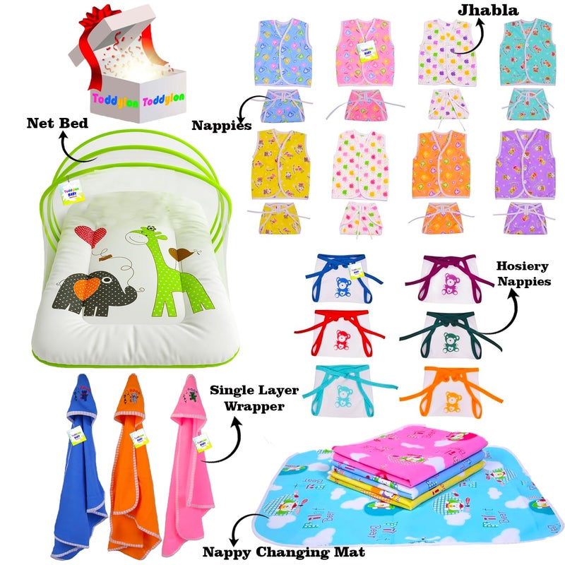 Toddylon Flat Bed 30 in 1 New Born Baby Products All Gift Pack | Baby Bedding Set | Baby Clothes | Essentials Items | Combo Set | Baby Bed (Multicolor, 0-6 Months) - Image 2