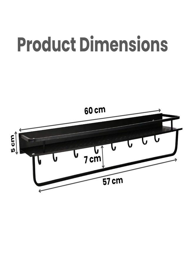 Boniry 60 CM Multipurpose Aluminum Bathroom Shelf with Movable Hooks & Towel Bar | Wall Shelf Bathroom Rack Ideal for Metal Bathroom and Kitchen Shelves (Black, 60 CM with Towel BAR & 8 Hook) - Image 2