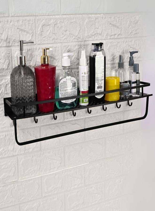 Boniry 60 CM Multipurpose Aluminum Bathroom Shelf with Movable Hooks & Towel Bar | Wall Shelf Bathroom Rack Ideal for Metal Bathroom and Kitchen Shelves (Black, 60 CM with Towel BAR & 8 Hook) - Image 1
