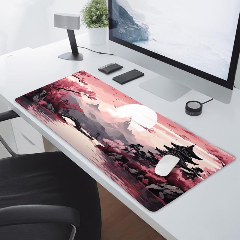 aportt Pink Japanese Sakura Gaming Mouse Pad XXL Cherry Blossom Tower Mountain Landscape Big Extended Large Desk Mat Non-Slip Rubber Base Stitched Edge Long Mousepad for Computer Gamer, 35.4 x 15.7 in - Image 5