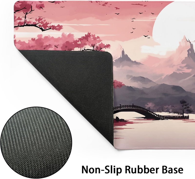 aportt Pink Japanese Sakura Gaming Mouse Pad XXL Cherry Blossom Tower Mountain Landscape Big Extended Large Desk Mat Non-Slip Rubber Base Stitched Edge Long Mousepad for Computer Gamer, 35.4 x 15.7 in - Image 3