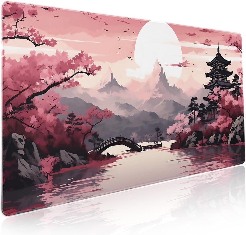 aportt Pink Japanese Sakura Gaming Mouse Pad XXL Cherry Blossom Tower Mountain Landscape Big Extended Large Desk Mat Non-Slip Rubber Base Stitched Edge Long Mousepad for Computer Gamer, 35.4 x 15.7 in - Image 1