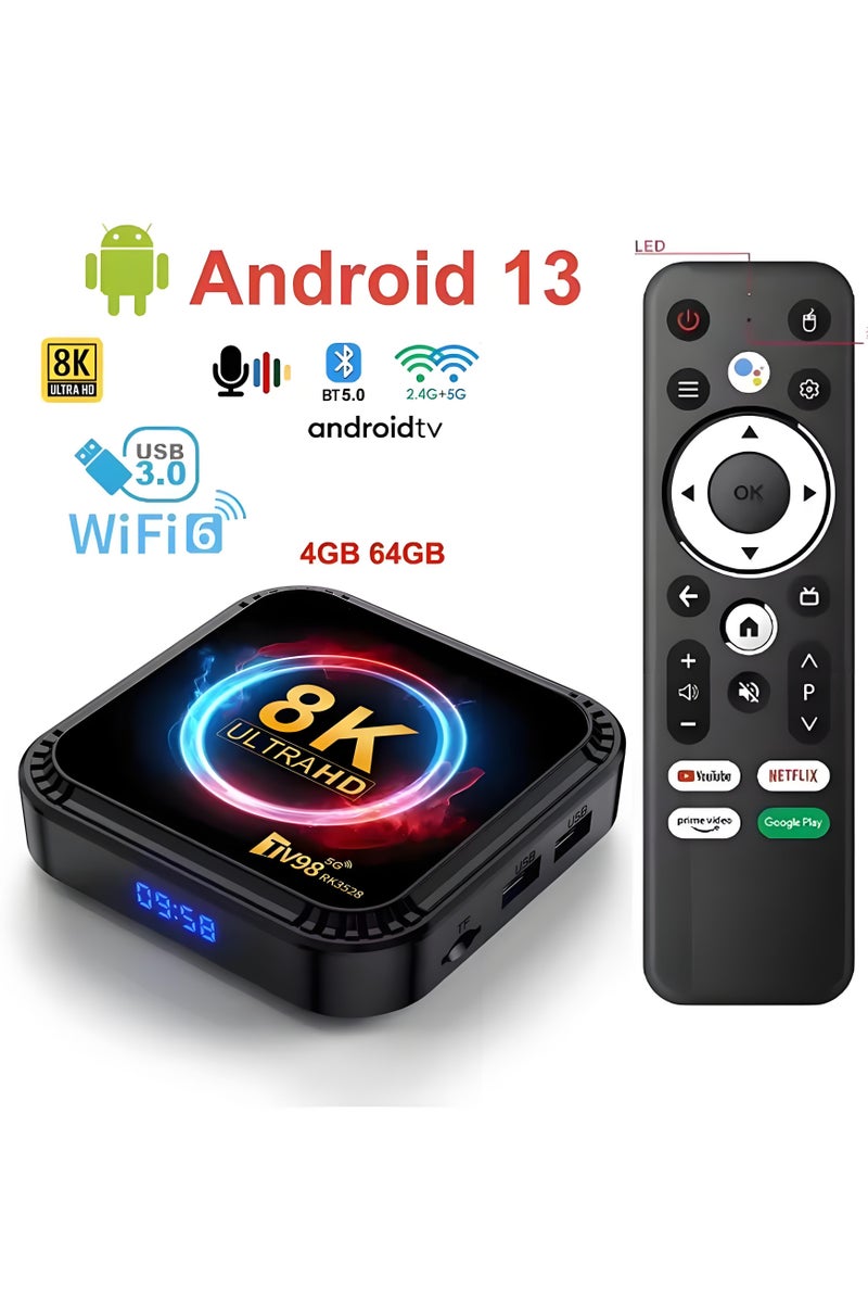 تلفزيون TV98 Smart TV Box أندرويد 13.0 نظام 4G + 64G تخزين مزدوج WIFI6 (2.4G / 5G) + BT4.0 دعم H.265 / 8K UHD Media Player - Image 1