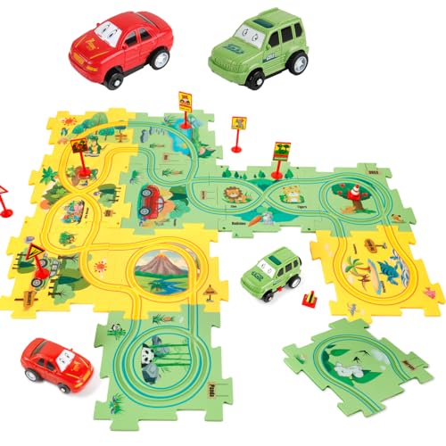 YOOYID Plastic Floor Puzzles for Kids Ages 35 with 2 Cute Vehicles Race Tracks for Kids 35 Puzzle Racer Kids Car Track Set Toys for 3 4 5 6 Year Old Boys Girls STEM Toys for Kids - Image 1