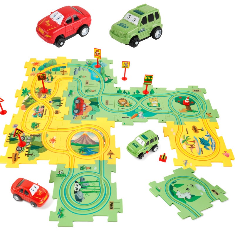 YOOYID Plastic Floor Puzzles for Kids Ages 35 with 2 Cute Vehicles Race Tracks for Kids 35 Puzzle Racer Kids Car Track Set Toys for 3 4 5 6 Year Old Boys Girls STEM Toys for Kids - Image 3