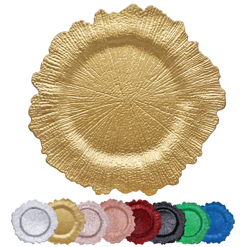 DaCakeWS Gold Reef Charger Plates 10PCS 13inch Plastic Floral Charger Plates Wedding for DinnerWeddingPartyEventDecorationReef Gold10