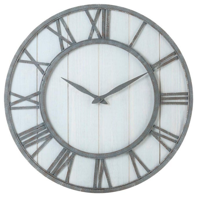 OLDTOWN FARMHOUSE METAL SOLID WOOD NOISELESS WALL CLOCK WHITEWASH 24INCH