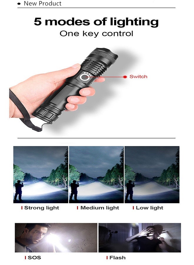 Flashlight Rechargeable LED Flashlights High Lumens,3-in-1 Rechargeable LED Flashlight  Aluminum Body with Large capacity Battery，5 Modes LED Flashlight Adjustable Brightest Flashlight ，Super Bright Tactical Handheld Flashligh powerful, Zoomable, Waterproof, Long Lasting Flashlight for Hiking Camping Gift - Image 5