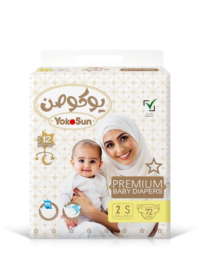 YokoSun Premium Baby Diapers, Size 2 / S (3-6 kg), 72 pcs – Ultra-Soft, Hypoallergenic Nappies, Japanese Quality for Baby Skin Care, Leakproof with 12-Hour Dryness Protection - Image 1
