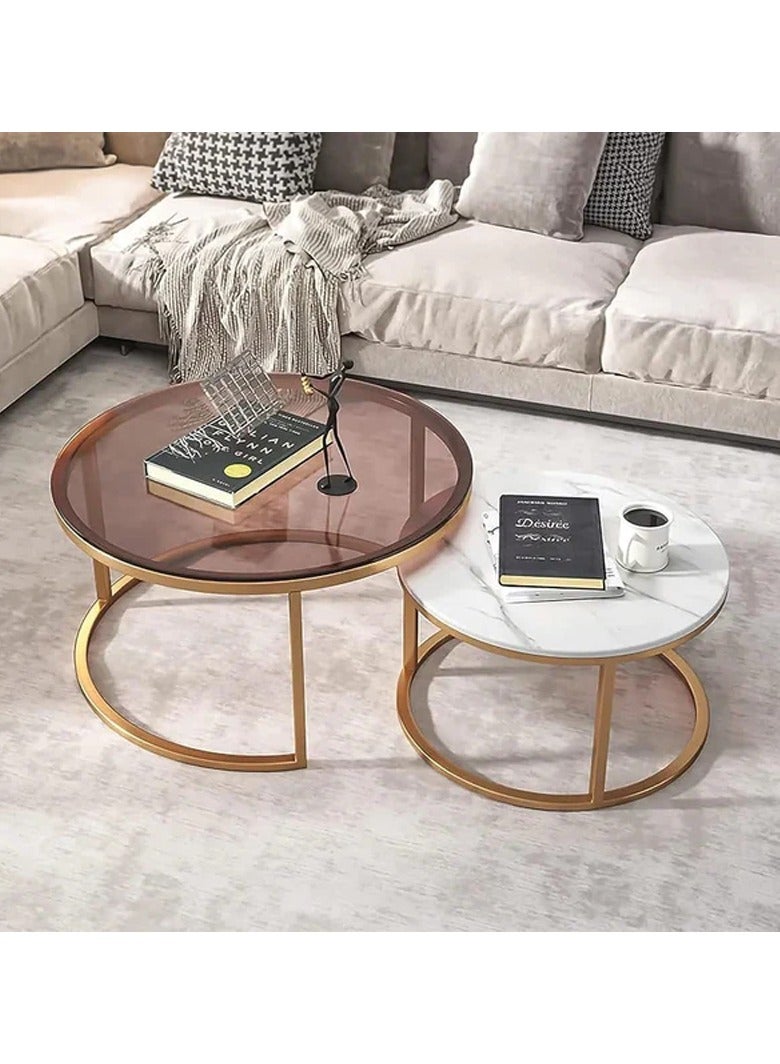 DubaiGallery Nesting Coffee Table Set of 2, Modern Side Table, Round Tempered Glass Marble Texture Stackable Coffee Tables, Living Room Sofa Table, Metal Frame, for Living Room Balcony Office - Image 1