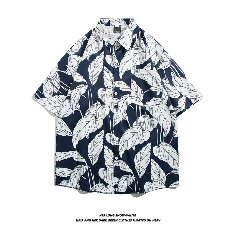 Short-Sleeved Shirt Hawaiian Retro Pu Shuai Hong Kong Style Japanese Style Trendy Loose Casual Beach Holiday Style Couple'S Top - Image 1