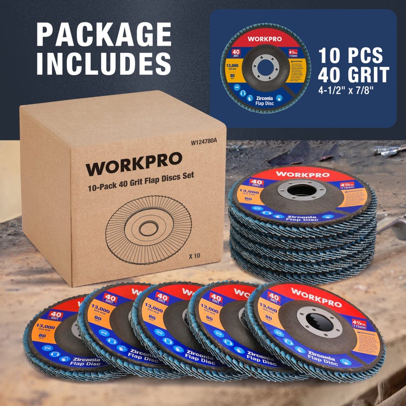 WORKPRO 10-Pack Flap Discs, 4-1/2-inch, Arbor Size 7/8-inch, T29 Zirconia Abrasive Grinding Wheel and Flap Sanding Disc, Includes 40 Grits - Image 2