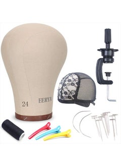 Eerya 24 Inch Wig Head Cork Canvas Block Head Wig Head Stand Cork Wig Head with Stand for Making Wigs Display Stying Mannequin Head with Mount Hole Manikin Head Wig Stand (Light Brown)