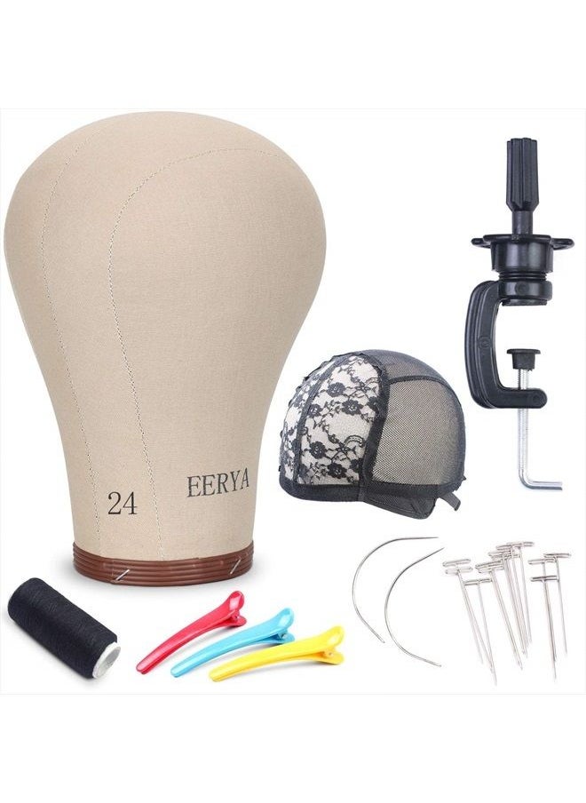 Eerya - Eerya 24 Inch Wig Head Cork Canvas Block Head Wig Head Stand Cork Wig Head with Stand for Making Wigs Display Stying Mannequin Head with Mount Hole Manikin Head Wig Stand (Light Brown) - Image 1