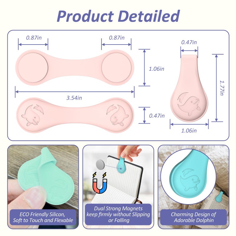 Vaszu Magnetic Silicone Bookmarks for Reading Book, 3 PCS Extra Strong Magnetic Book Mark Clip Cute Dolphin Book Page Holders Accessories Gift for Women, Men, Book Lovers, Teachers, Readers, Kids - Image 3