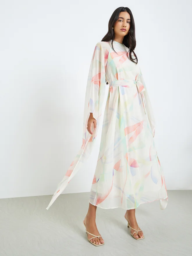 Styli Styli Drape Sleeve Maxi Dress with Tie Up Belt