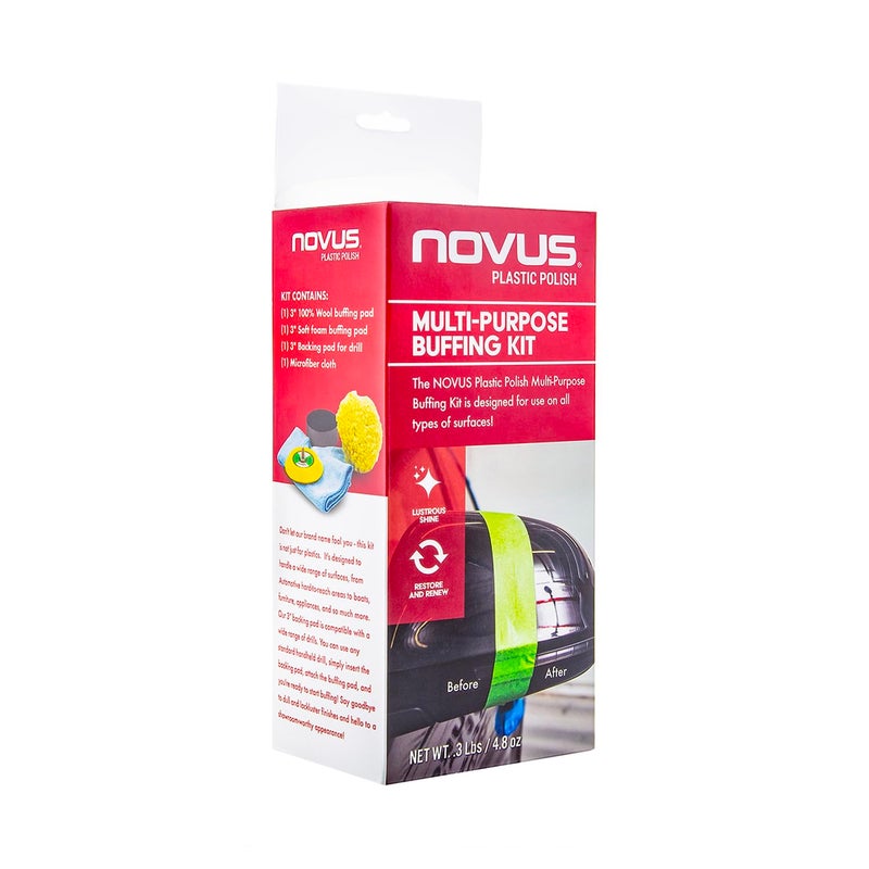 NOVUS 7232 | Multi-Purpose Buffing Kit | Contains 100% Wool Buffing Pad, Soft Foam Buffing Pad, Backing Pad for Drill, Microfiber Cloth - Image 2