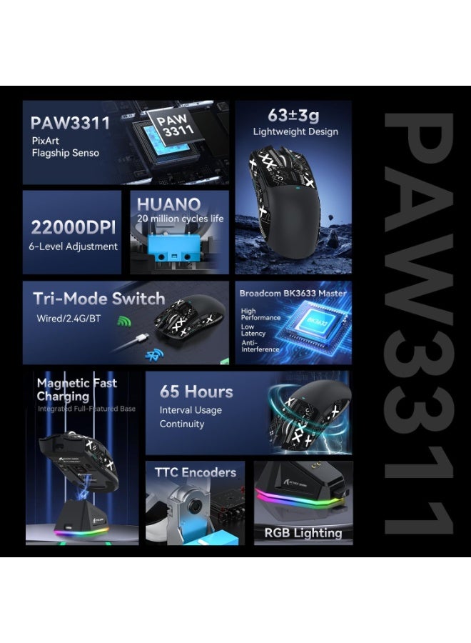 هجوم القرش ماوس ألعاب لاسلكي X11 مع قاعدة شحن مغناطيسية بإضاءة RGB، مستشعر PixArt PAW3311 بدقة 22000 نقطة في البوصة، ثلاثي الأوضاع (بلوتوث 5.2 / 2.4 جيجاهرتز / سلكي)، خفيف الوزن للغاية (63 جرامًا)، معدل استجابة 1000 هرتز، مفاتيح HUANO (20 مليون نقرة)، بطارية تدوم 65 ساعة، مُشفّر TTC، تصميم مريح | أسود - Image 5