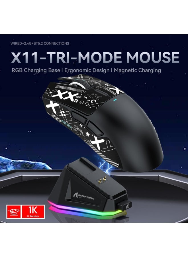 هجوم القرش ماوس ألعاب لاسلكي X11 مع قاعدة شحن مغناطيسية بإضاءة RGB، مستشعر PixArt PAW3311 بدقة 22000 نقطة في البوصة، ثلاثي الأوضاع (بلوتوث 5.2 / 2.4 جيجاهرتز / سلكي)، خفيف الوزن للغاية (63 جرامًا)، معدل استجابة 1000 هرتز، مفاتيح HUANO (20 مليون نقرة)، بطارية تدوم 65 ساعة، مُشفّر TTC، تصميم مريح | أسود - Image 4