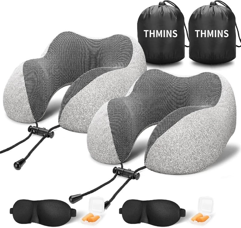 THMINS 2 Pack Travel Pillows with 3D Contoured Eye Masks - Comfortable Neck Support for Airplane Travel - Image 1