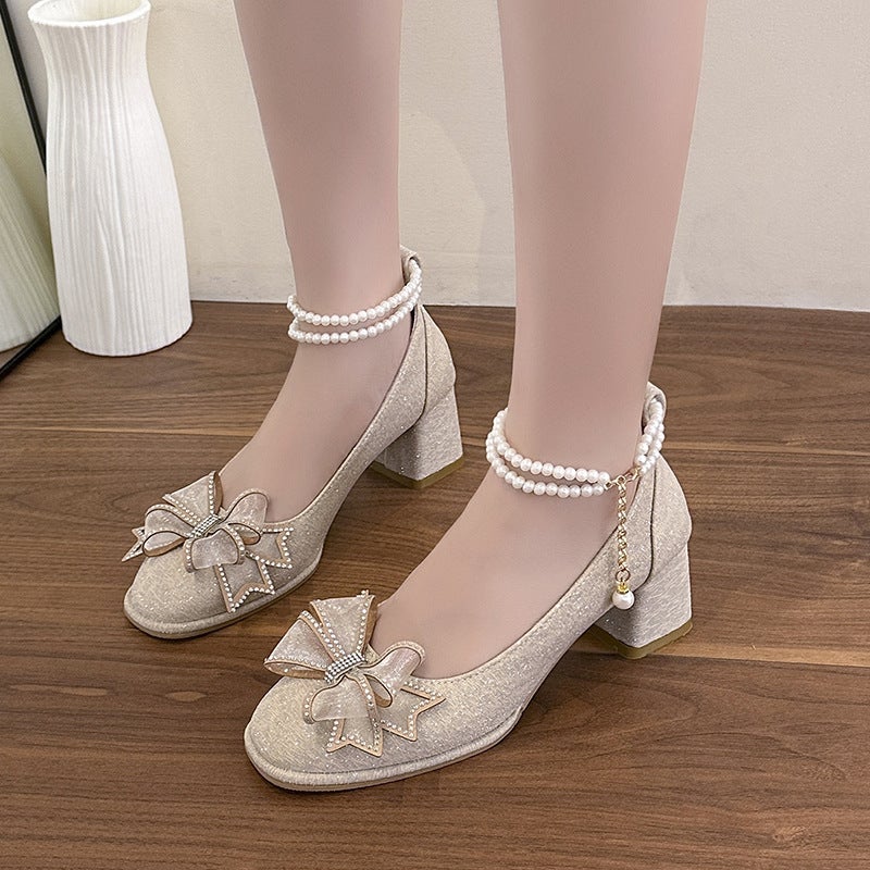 Small Leather Shoes 2025 Thick Heeled High Heeled Adult Ceremony Bridesmaid Shoes Korean Style Elegant Banquet Mary Jane Wedding Shoes - Image 2