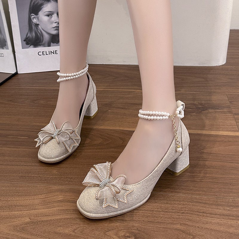 Small Leather Shoes 2025 Thick Heeled High Heeled Adult Ceremony Bridesmaid Shoes Korean Style Elegant Banquet Mary Jane Wedding Shoes - Image 3