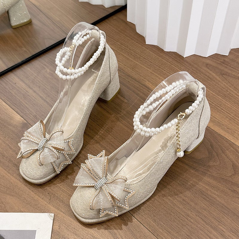 Small Leather Shoes 2025 Thick Heeled High Heeled Adult Ceremony Bridesmaid Shoes Korean Style Elegant Banquet Mary Jane Wedding Shoes - Image 1