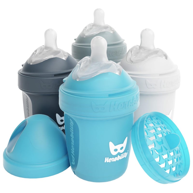 Herobility Double Anti-Colic Baby Bottles â€“ 5 fl oz/140ml â€“ 4-Pack â€“ Multicolor - White, Gray, Iron Blue, Blue - Image 1