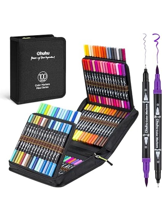 أوهوهو اقلام ماركر لكتب التلوين: 100 لون فرشاة مزدوجة براس دقيق تلوين مائية للبالغين للفنانين والخط والرسم مع شنطة حمل - ماوي رفيع متعدد الألوان - Image 1