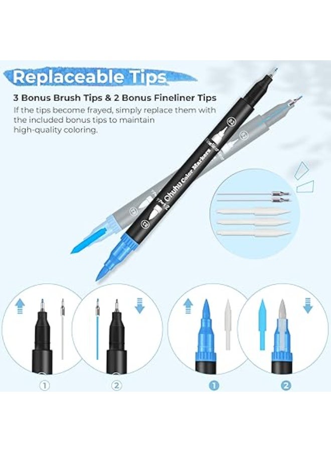 أوهوهو اقلام ماركر لكتب التلوين: 100 لون فرشاة مزدوجة براس دقيق تلوين مائية للبالغين للفنانين والخط والرسم مع شنطة حمل - ماوي رفيع متعدد الألوان - Image 5