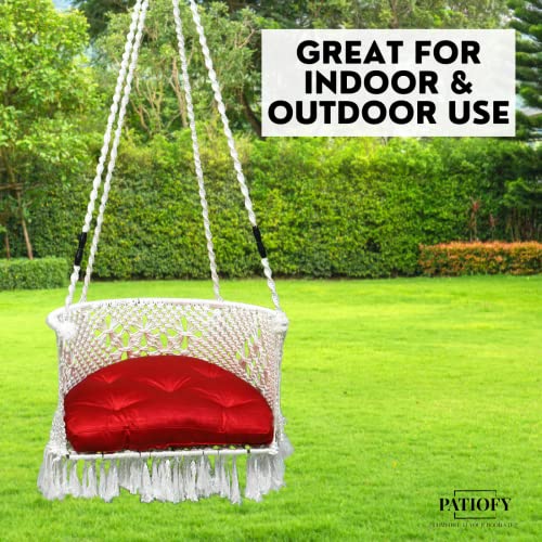 Patiofy Swing for Balcony/Swing Chair for Adults for Home/Premium C Shape Swing with Macrame Floral Design/Hanging Jhula for Adults/Zula/Red Cushion & Hanging Kit Included-White - Image 4
