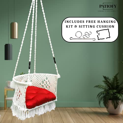 Patiofy Swing for Balcony/Swing Chair for Adults for Home/Premium C Shape Swing with Macrame Floral Design/Hanging Jhula for Adults/Zula/Red Cushion & Hanging Kit Included-White - Image 2