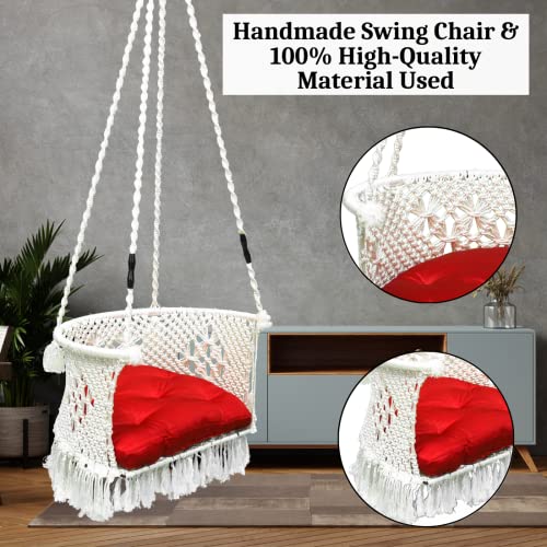 Patiofy Swing for Balcony/Swing Chair for Adults for Home/Premium C Shape Swing with Macrame Floral Design/Hanging Jhula for Adults/Zula/Red Cushion & Hanging Kit Included-White - Image 5