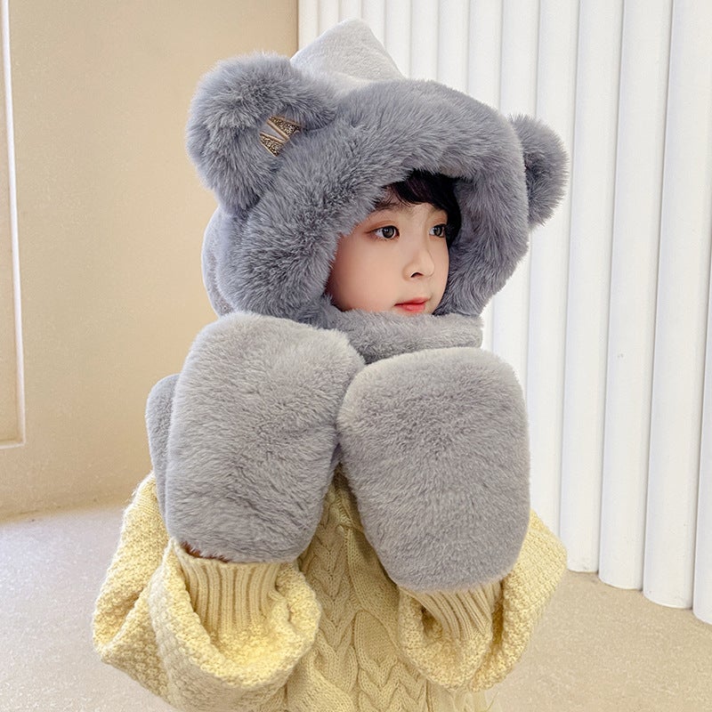 Cozy Bear Hood Scarf Glove Kit Gray (children's version)