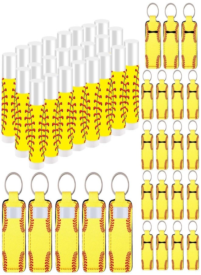 Lonfliness 24 Sets Softball Party Favors Lip Balm and Lipstick Holder Keychain Bulk Sport Ball Team Gifts Natural Moisturizing Lip Balm Keychains Portable Pouch for Team Softball Sports Party Supplies - Image 1