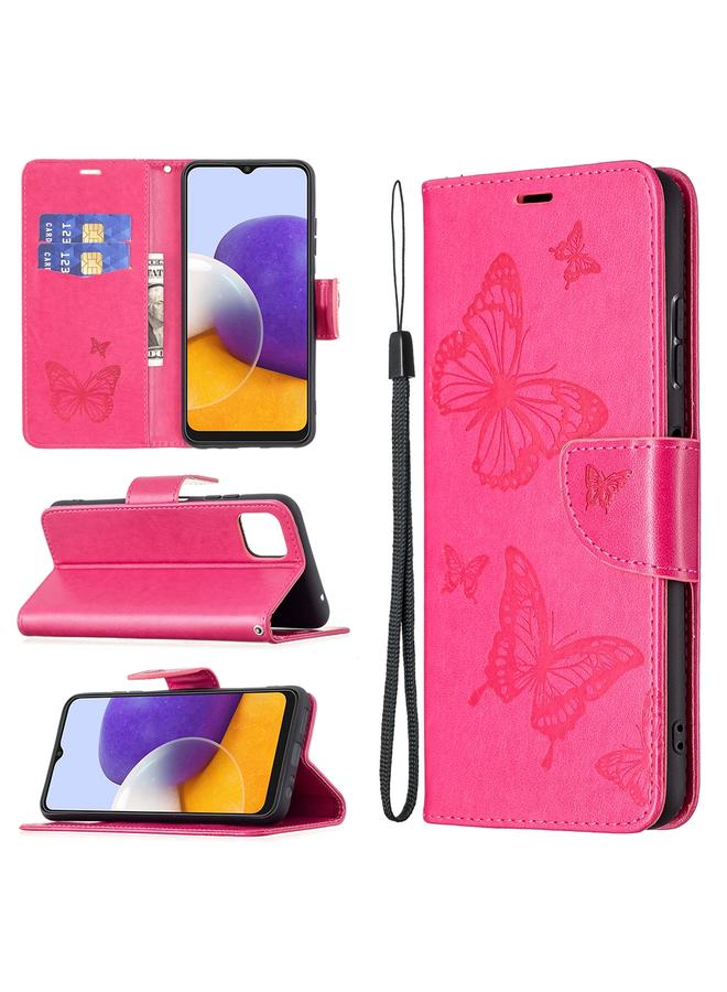 إيروريكس جراب لهاتف Samsung Galaxy A22 5G من الجلد الصناعي بتصميم فراشتين منقوشين مع حامل وفتحة للبطاقات ومحفظة وحبل تعليق - Image 1