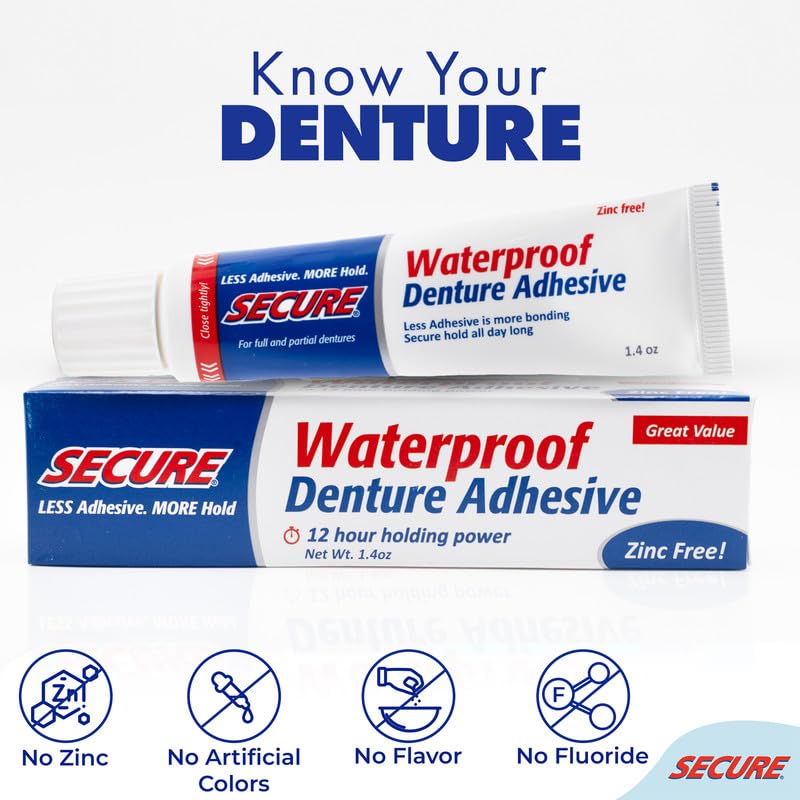 Secure Waterproof Denture Adhesive - Zinc Free - Extra Strong Hold For Upper, Lower or Partials - 1.4 oz - Image 4