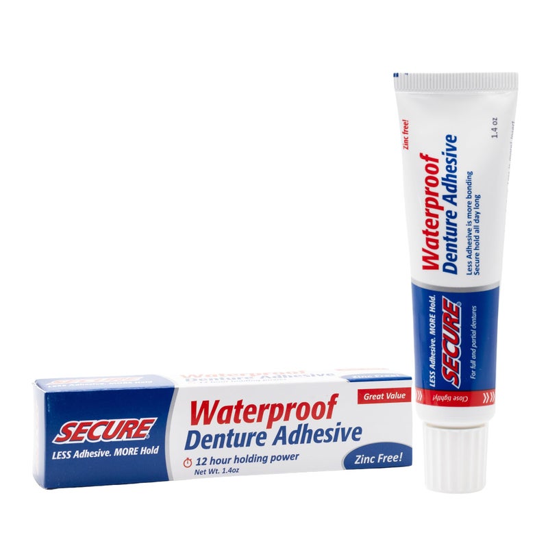 Secure Waterproof Denture Adhesive - Zinc Free - Extra Strong Hold For Upper, Lower or Partials - 1.4 oz - Image 1