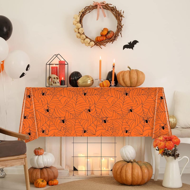 TREWAVE 3 Pack Halloween Spiderweb Tablecloth Rectangular Plastic Spider Web Table Cloth Large Size Table Covers for Home Decor Halloween Party Decorations 54 x 108 Orange - Image 4