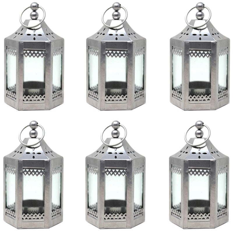 Vela Lanterns Mini Small 45 Inch Metal Moroccan Lantern Decorative Candle Tealight Holder for Centerpieces Home Decor Weddings Silver Set of 6