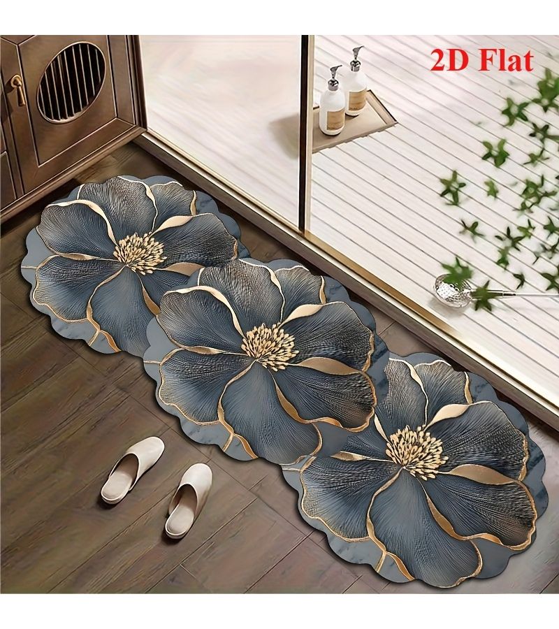 Non Slip Diatomite Bath Mat 50x150cm Gray Floral Pattern Absorbent Floor Mat - Image 2
