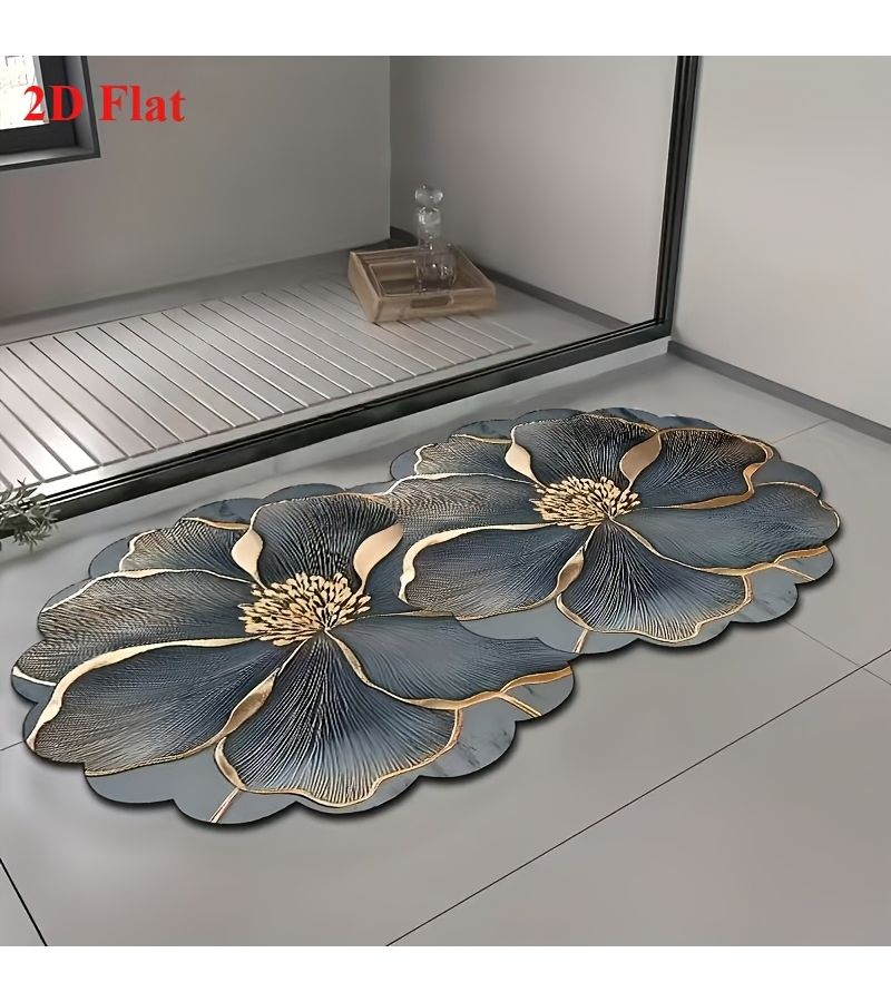 Non Slip Diatomite Bath Mat 50x150cm Gray Floral Pattern Absorbent Floor Mat - Image 1