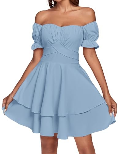 LYANER Women's Tie Back Off Shoulder Wrap Layer Ruffle A Line Short Sleeve Casual Mini Dress Solid Light Blue Small - Image 5