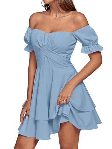 LYANER Women's Tie Back Off Shoulder Wrap Layer Ruffle A Line Short Sleeve Casual Mini Dress Solid Light Blue Small - Image 4