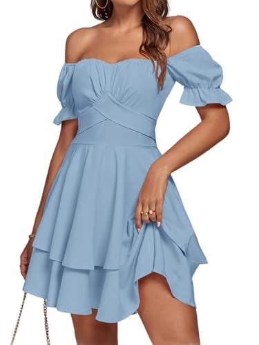 LYANER Women's Tie Back Off Shoulder Wrap Layer Ruffle A Line Short Sleeve Casual Mini Dress Solid Light Blue Small - Image 1