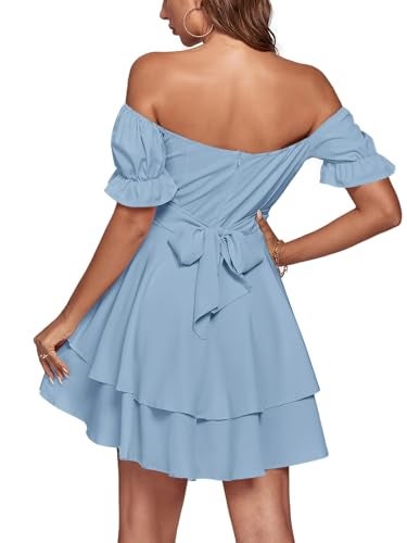 LYANER Women's Tie Back Off Shoulder Wrap Layer Ruffle A Line Short Sleeve Casual Mini Dress Solid Light Blue Small - Image 2