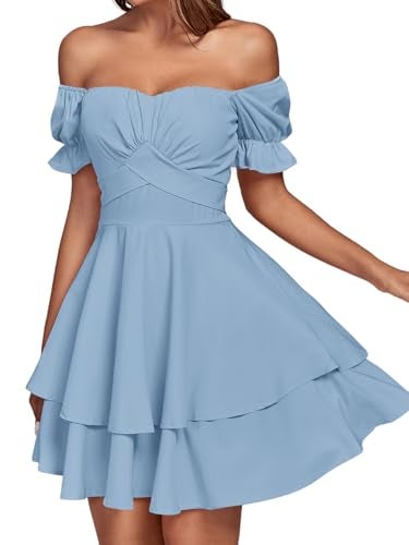 LYANER Women's Tie Back Off Shoulder Wrap Layer Ruffle A Line Short Sleeve Casual Mini Dress Solid Light Blue Small - Image 3