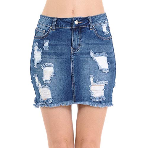 WAX JEAN Wax Distressed Skirt Basic Stretch Cotton Bodycon Tight Mini Skirt (Denim, Small) - Image 1