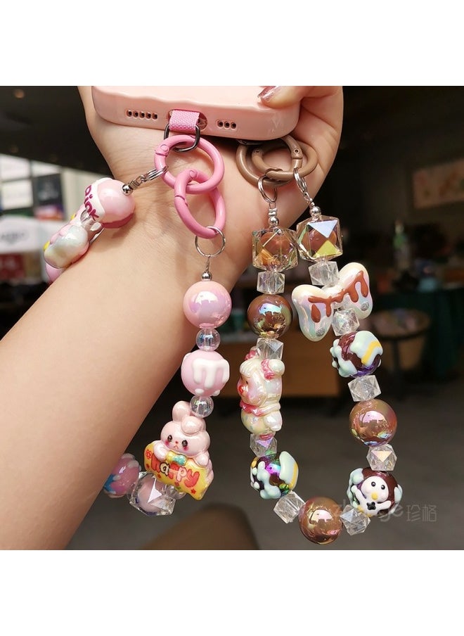 Generic - Pink Happy Rabbit Pink Bear Bracelet Women's Ins Candy Color Girl's Mobile Phone Hanging Chain Hanging Rope Short Wrist-Specifications Support Image Upload:Polka Dot Girl Graffiti Beaded Bracelet Wine Red Card - Image 1