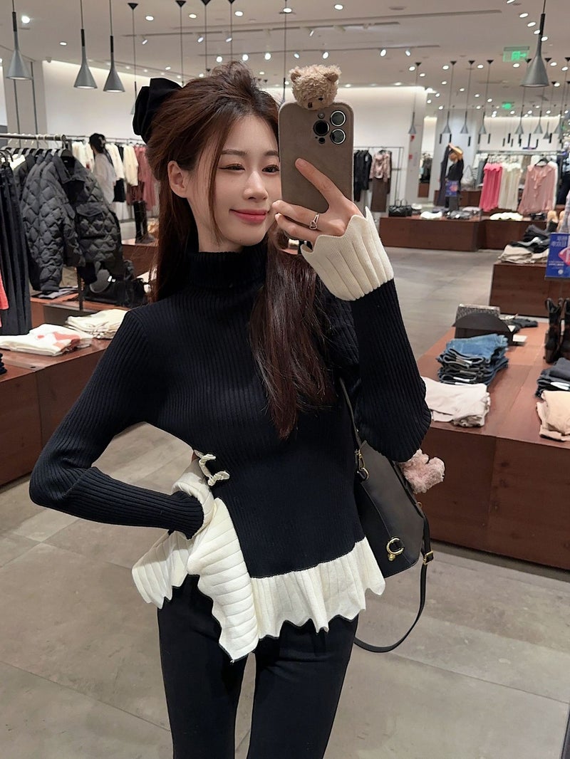 Autumn Slim Fit Long Sleeve T-Shirt High Collar Irregular Color Block Button Design Lotus Leaf Edge New Chinese Style Top Black 